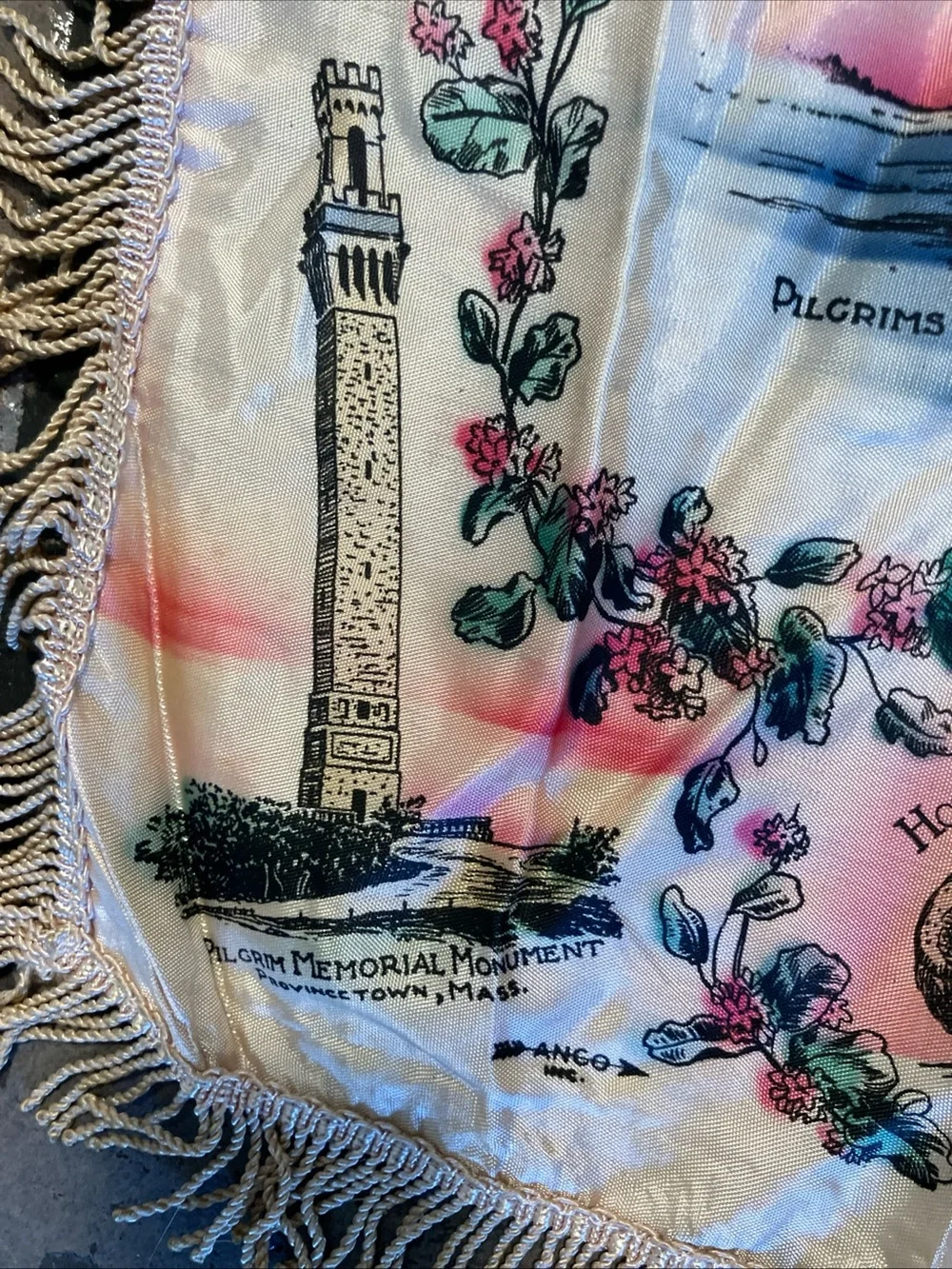 Vintage Plymouth Souvenir Fringe pillow case- Pink, Blue, Cream